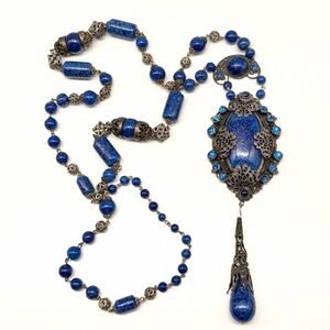 Early 20th Century Antique Czech Blue Glass Filigree Necklace (Circa 1920s–40s)